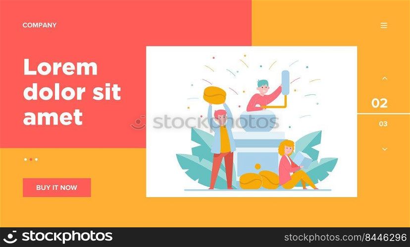 Tiny people and big coffee grinder. Bean, drink, sugar flat vector illustration. Hot beverages and coffee break concept for banner, website design or landing web page
