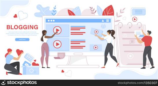 Tiny People and Giant Computer with Posts and Video on Screen. Sharing Content on Social Media Networks, Blogging, Vlogging and Microblogging. Cartoon Flat Vector Illustration, Horizontal Banner.. People and Computer with Posts and Video on Screen