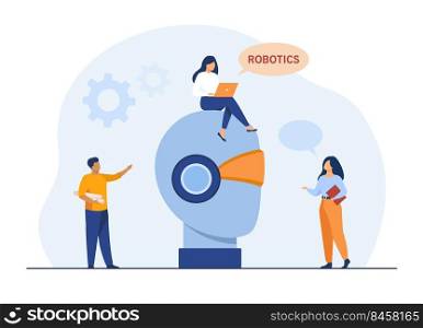 Tiny people and giant robot head. Laptop, development, computer flat vector illustration. Robotics and engineering concept for banner, website design or landing web page
