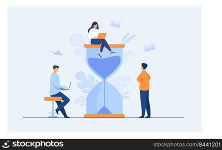 Tiny people and huge sand glass flat vector illustration. Cartoon team working together with laptops. Time management and business concept