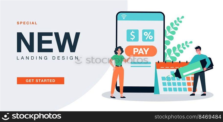 Tiny people and online calendar app for monthly payment. Person marking deadline date on digital planner flat vector illustration. Payday, loan, concept for banner, website design or landing web page