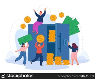 Tiny people around safe bank with money flat vector illustration. Happy male and female cartoon characters holding dollars, gold coins in hands, inserting password and opening safe. Business concept