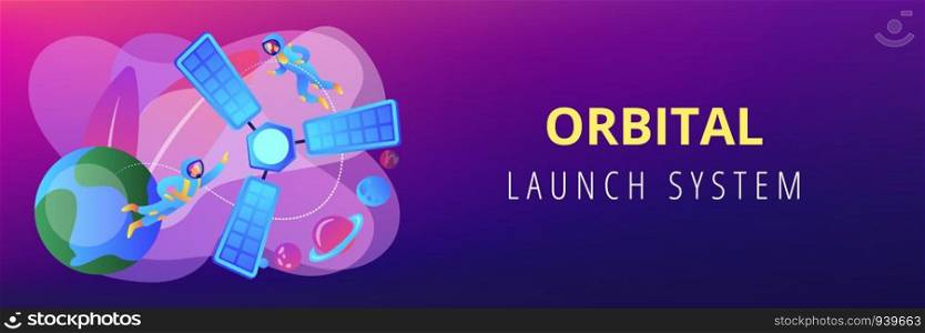 Tiny people astronauts in outer space and satellite orbiting the Earth. Satellite launch, orbital launch system, carrier rocket start concept. Header or footer banner template with copy space.. Satellite launch concept banner header.