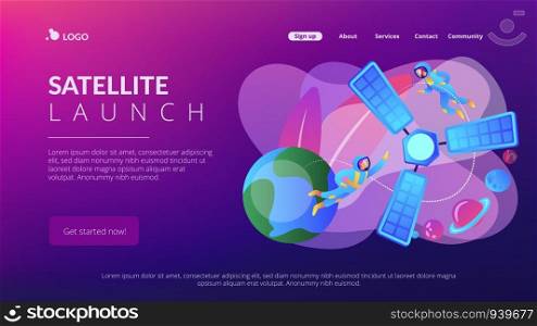Tiny people astronauts in outer space and satellite orbiting the Earth. Satellite launch, orbital launch system, carrier rocket start concept. Website vibrant violet landing web page template.. Satellite launch concept landing page.