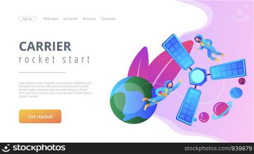 Tiny people astronauts in outer space and satellite orbiting the Earth. Satellite launch, orbital launch system, carrier rocket start concept. Website vibrant violet landing web page template.. Satellite launch concept landing page.