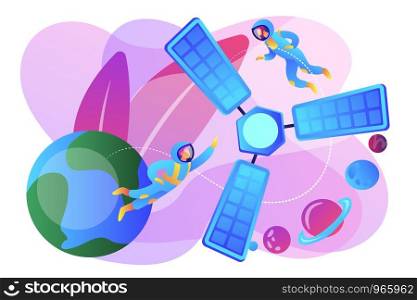 Tiny people astronauts in outer space and satellite orbiting the Earth. Satellite launch, orbital launch system, carrier rocket start concept. Bright vibrant violet vector isolated illustration. Satellite launch concept vector illustration.