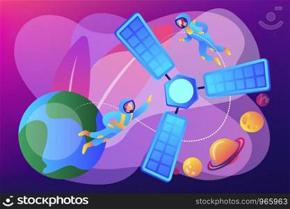 Tiny people astronauts in outer space and satellite orbiting the Earth. Satellite launch, orbital launch system, carrier rocket start concept. Bright vibrant violet vector isolated illustration. Satellite launch concept vector illustration.