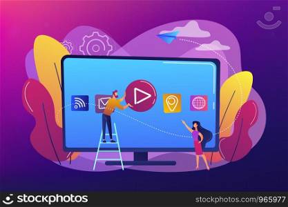 Tiny people at huge smart television with application icons on display. Smart TV technology, internet television, online tv sreaming concept. Bright vibrant violet vector isolated illustration. Smart TV technology concept vector illustration.