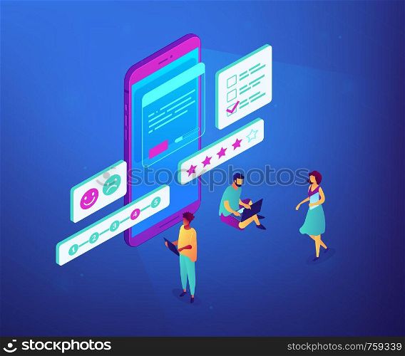Tiny people at smartphone filling out questionnaire form and rating. Online survey, internet questionnaire form, marketing research tool concept. Ultraviolet neon vector isometric 3D illustration.. Online survey isometric 3D concept illustration.