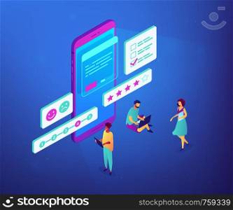 Tiny people at smartphone filling out questionnaire form and rating. Online survey, internet questionnaire form, marketing research tool concept. Ultraviolet neon vector isometric 3D illustration.. Online survey isometric 3D concept illustration.
