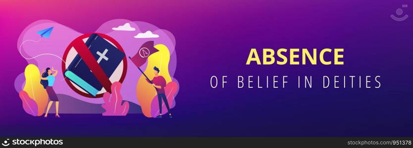 Tiny people atheists against religion and Bible prohibited sign. Atheistic worldview, absence of belief in deities, religious skepticism concept. Header or footer banner template with copy space.. Atheistic world view concept banner header.