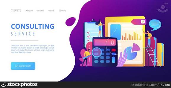 Tiny people auditors, accountant with magnifier during examination of financial report. Audit service, financial audit, consulting service concept. Website vibrant violet landing web page template.. Audit service concept landing page.