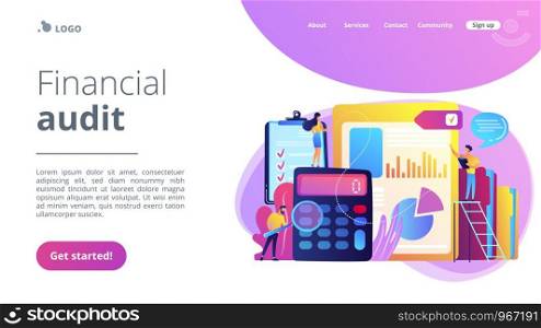 Tiny people auditors, accountant with magnifier during examination of financial report. Audit service, financial audit, consulting service concept. Website vibrant violet landing web page template.. Audit service concept landing page.