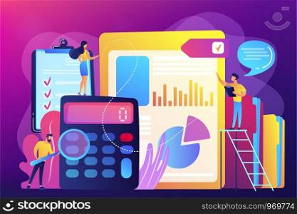 Tiny people auditors, accountant with magnifier during examination of financial report. Audit service, financial audit, consulting service concept. Bright vibrant violet vector isolated illustration. Audit service concept vector illustration.