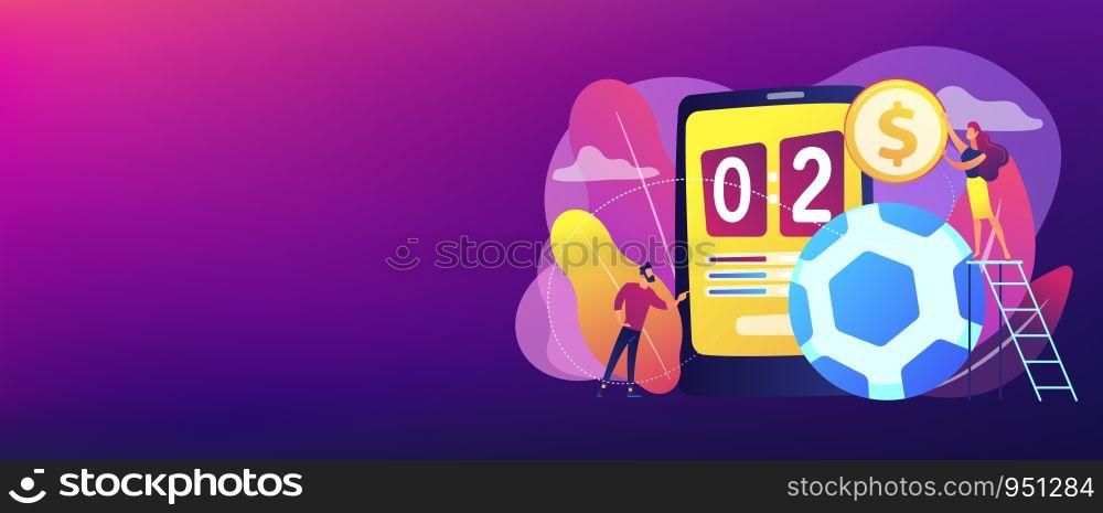 Tiny people, businessman betting on football and bookmaker at big smartphone with score. Sports betting, bookmaker market, sports wagering concept. Header or footer banner template with copy space.. Sports betting concept banner header.