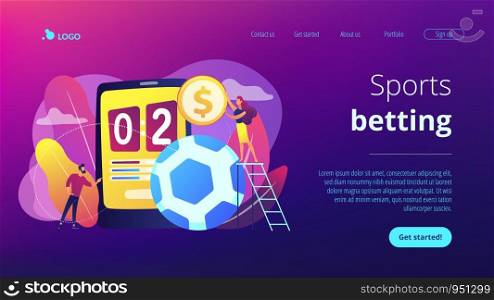 Tiny people, businessman betting on football and bookmaker at big smartphone with score. Sports betting, bookmaker market, sports wagering concept. Website vibrant violet landing web page template.. Sports betting concept landing page.