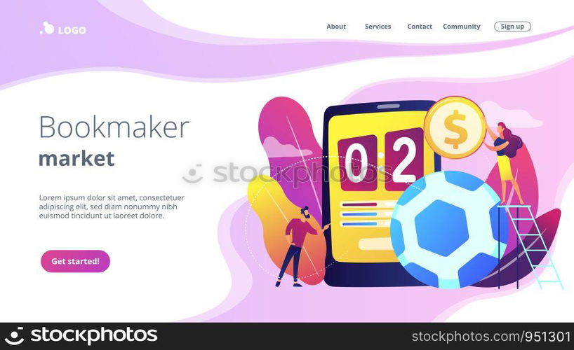 Tiny people, businessman betting on football and bookmaker at big smartphone with score. Sports betting, bookmaker market, sports wagering concept. Website vibrant violet landing web page template.. Sports betting concept landing page.