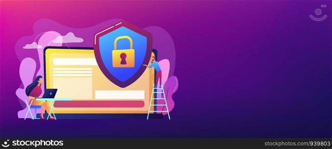 Tiny people businessman with shield protecting data on laptop. Data privacy, information privacy regulation, personal data protection concept. Header or footer banner template with copy space.. Data privacy concept banner header.