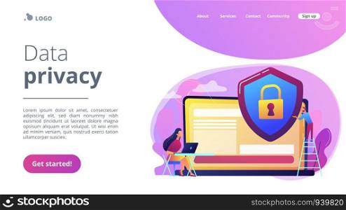 Tiny people businessman with shield protecting data on laptop. Data privacy, information privacy regulation, personal data protection concept. Website vibrant violet landing web page template.. Data privacy concept landing page.