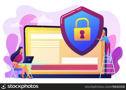 Tiny people businessman with shield protecting data on laptop. Data privacy, information privacy regulation, personal data protection concept. Bright vibrant violet vector isolated illustration. Data privacy concept vector illustration.