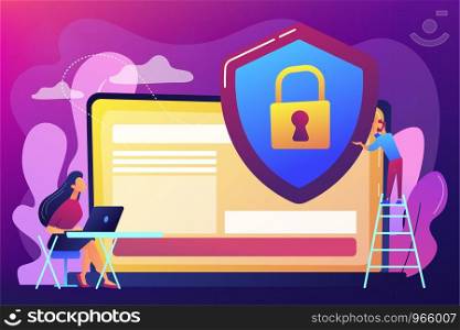 Tiny people businessman with shield protecting data on laptop. Data privacy, information privacy regulation, personal data protection concept. Bright vibrant violet vector isolated illustration. Data privacy concept vector illustration.