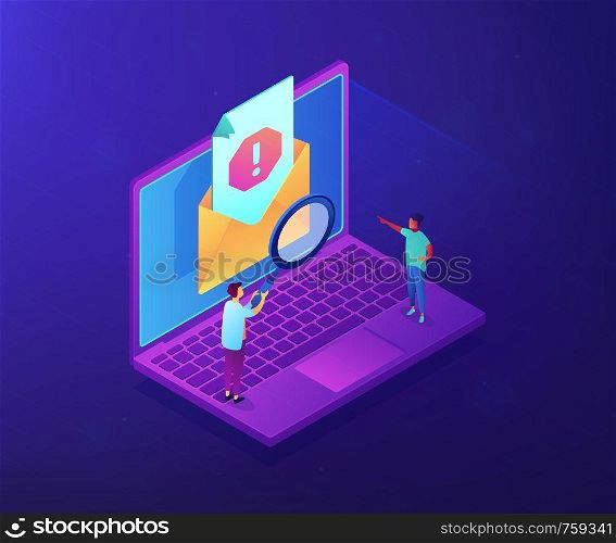 Tiny people businessmen with magnifier get advertising, malware unsolicited messages. Spam, unsolicited messages, malware spreading concept. Ultraviolet neon vector isometric 3D illustration.. Spam isometric 3D concept illustration.