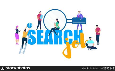 Tiny People Characters Around of Big Blue and Yellow Words Search Job Isolated on White Background. Young Men and Women with Magnifier, Gadgets, Laptop. Climbing Guy. Cartoon Flat Vector Illustration.. People Around of Blue and Yellow Words Search Job