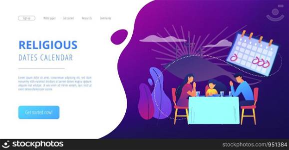 Tiny people, Christian family at table praying and celebrating Easter. Christian event, Christian holy days, religious dates calendar concept. Website vibrant violet landing web page template.. Christian event concept landing page.