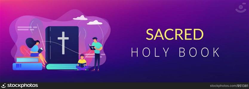 Tiny people christians reading the Holy Bible and learning about Christ. Holy Bible, sacred holy book, the word of God concept. Header or footer banner template with copy space.. Holy bible concept banner header.