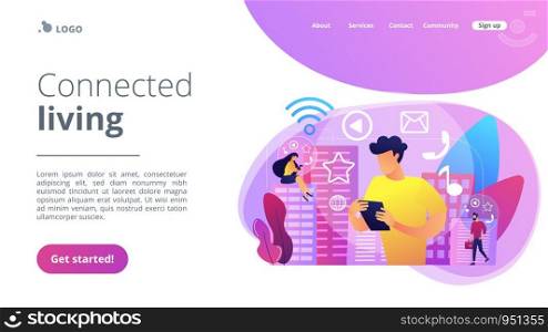 Tiny people connected with multiple intelligent devices in smart city. Connected living, global online services, intelligent devices network concept. Website vibrant violet landing web page template.. Connected living concept landing page.