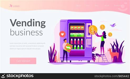 Tiny people consumers buying snacks and drinks in vending machine. Vending machine service, vending business, self-service machine concept. Website homepage header landing web page template.. Vending machine service landing page template.