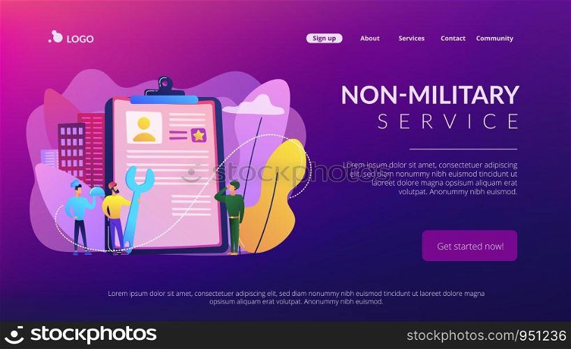Tiny people cook and builder perform alternative civilian labour. Alternative civilian service, non-military service, substitute service concept. Website vibrant violet landing web page template.. Alternative civilian service concept landing page.