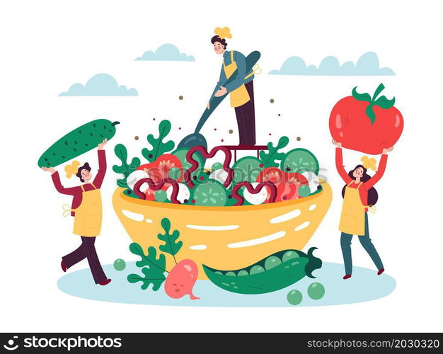 Tiny people cook salad. Characters drag huge vegetables into large salad bowl. Happy persons make vegetarian recipe. Cute chefs put tomatoes or cucumbers in plate. Healthy vitamin food. Vector concept. Tiny people cook salad. Characters drag huge vegetables into large salad bowl. Persons make vegetarian recipe. Chefs put tomatoes or cucumbers in plate. Healthy vitamin food. Vector concept