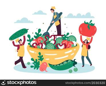 Tiny people cook salad. Characters drag huge vegetables into large salad bowl. Happy persons make vegetarian recipe. Cute chefs put tomatoes or cucumbers in plate. Healthy vitamin food. Vector concept. Tiny people cook salad. Characters drag huge vegetables into large salad bowl. Persons make vegetarian recipe. Chefs put tomatoes or cucumbers in plate. Healthy vitamin food. Vector concept