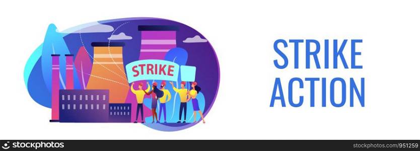 Tiny people crowd of workers hold plackards and fight for rights at factory. Strike action, labor movement strike, employees work stoppage concept. Header or footer banner template with copy space.. Strike action concept banner header.