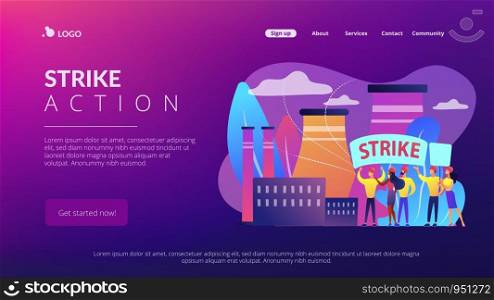 Tiny people crowd of workers hold plackards and fight for rights at factory. Strike action, labor movement strike, employees work stoppage concept. Website vibrant violet landing web page template.. Strike action concept landing page.