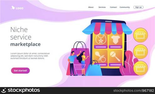 Tiny people customers buy babies goods online from smartphone. Niche service marketplace, innovative online retail, particular goods e-trade concept. Website vibrant violet landing web page template.. Niche service marketplace concept landing page.