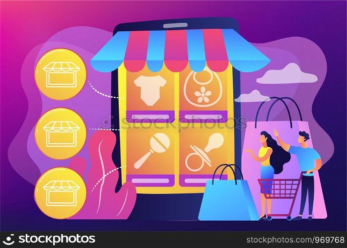 Tiny people customers buy babies goods online from smartphone. Niche service marketplace, innovative online retail, particular goods e-trade concept. Bright vibrant violet vector isolated illustration. Niche service marketplace concept vector illustration.