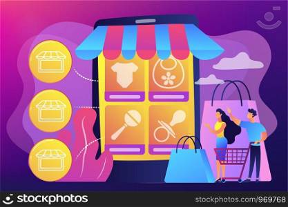 Tiny people customers buy babies goods online from smartphone. Niche service marketplace, innovative online retail, particular goods e-trade concept. Bright vibrant violet vector isolated illustration. Niche service marketplace concept vector illustration.