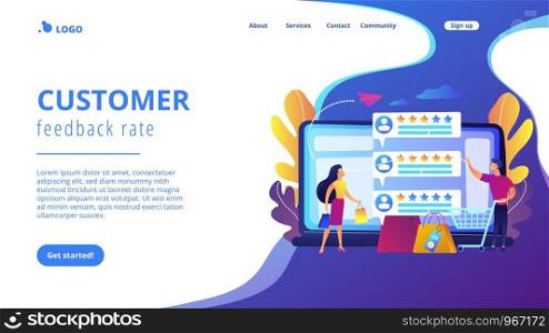 Tiny people customers rating online with reputation system program. Seller reputation system, top rated product, customer feedback rate concept. Website vibrant violet landing web page template.. Seller reputation system concept landing page.
