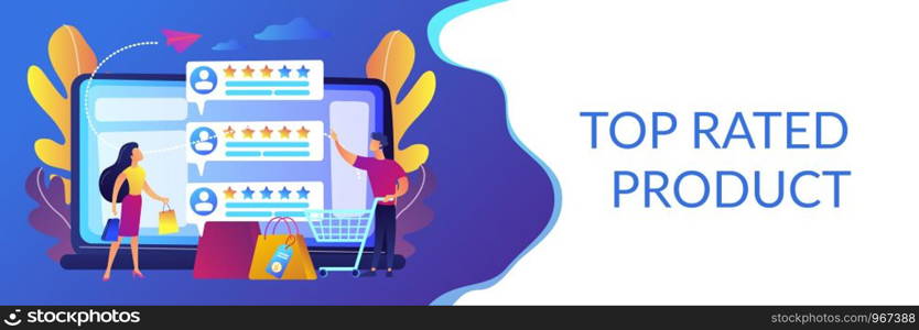 Tiny people customers rating online with reputation system program. Seller reputation system, top rated product, customer feedback rate concept. Header or footer banner template with copy space.. Seller reputation system concept banner header.