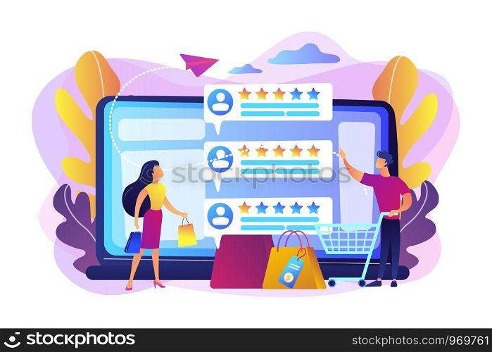 Tiny people customers rating online with reputation system program. Seller reputation system, top rated product, customer feedback rate concept. Bright vibrant violet vector isolated illustration. Seller reputation system concept vector illustration.
