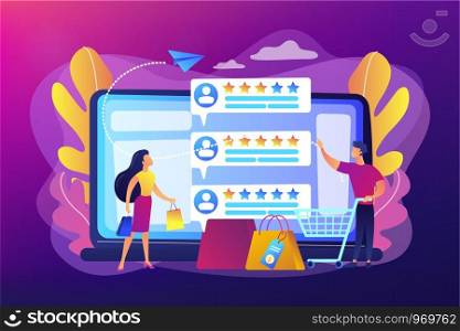 Tiny people customers rating online with reputation system program. Seller reputation system, top rated product, customer feedback rate concept. Bright vibrant violet vector isolated illustration. Seller reputation system concept vector illustration.