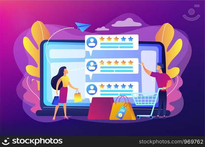 Tiny people customers rating online with reputation system program. Seller reputation system, top rated product, customer feedback rate concept. Bright vibrant violet vector isolated illustration. Seller reputation system concept vector illustration.