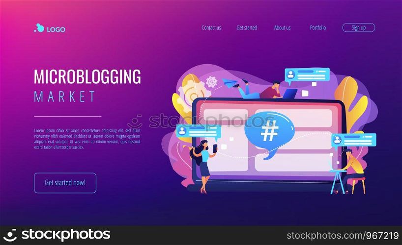 Tiny people customers receive messages from microblogging service. Microblog platform, microblogging market, microblog marketing service concept. Website vibrant violet landing web page template.. Microblog platform concept landing page.