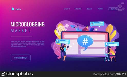 Tiny people customers receive messages from microblogging service. Microblog platform, microblogging market, microblog marketing service concept. Website vibrant violet landing web page template.. Microblog platform concept landing page.
