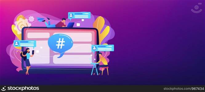 Tiny people customers receive messages from microblogging service. Microblog platform, microblogging market, microblog marketing service concept. Header or footer banner template with copy space.. Microblog platform concept banner header.
