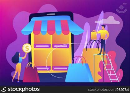 Tiny people customers with bags shopping online with smartphone. Mobile based marketplace, mobile e-shop app, online e-commerce marketplace concept. Bright vibrant violet vector isolated illustration. Mobile based marketplace concept vector illustration.