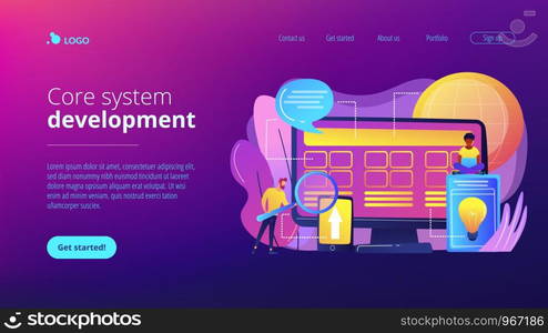 Tiny people developers at computer working on core system. Core system development, all in one software solution, core system modernization concept. Website vibrant violet landing web page template.. Core system development concept landing page.