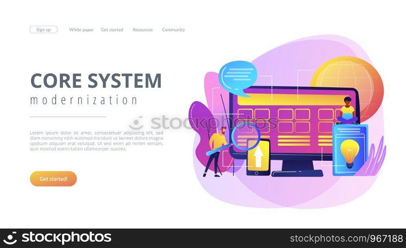 Tiny people developers at computer working on core system. Core system development, all in one software solution, core system modernization concept. Website vibrant violet landing web page template.. Core system development concept landing page.